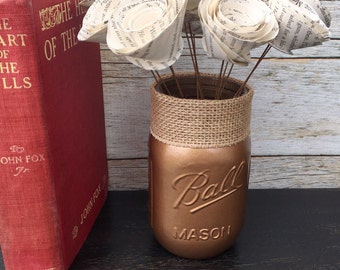 Painted Mason Jars - Rustic Mason Jar - Book Page Flowers - Rustic Table Centerpiece - Paper Flowers - Library Wedding - Wedding Centerpiece