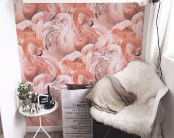 Flamingo wallpaper, Tropical pink wall mural, custom Printed Removable Self Adhesive paper by coloray #45