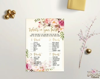 Printable Whats in your Purse Game Bridal Shower Purse Game Printable Boho Chic Baby Shower Game Floral Bridal Shower Game Digital Download