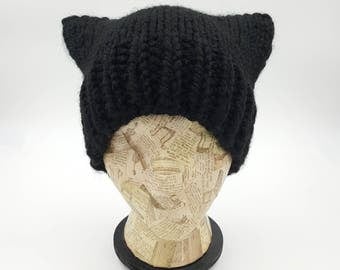 Pussycat Hat, Pussy Cat Hat, Handmade Beanie, Chunky Pussycat Hat, Black Pussycat Hat, Pussy Hat, Knit Pussycat Beanie, Knit Pussycat Hat