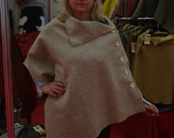 Irish tweed wool poncho, cape - 100%wool - undyed beige - ready for shipping - HANDMADE IN IRELAND