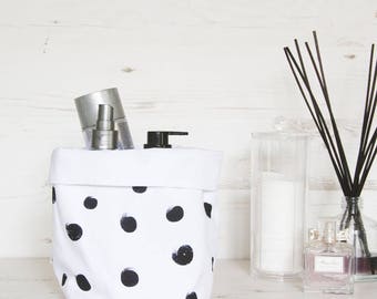 White Fabric storage basket with large black polka dots, storage bin, storage box, toy storage, bathroom storage