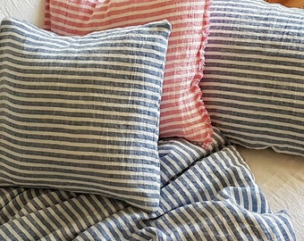 Linen pillowcase - housewife pillowcase, pink, blue striped washed linen - standard, euro, Queen, King, body pillow case, linen bedding