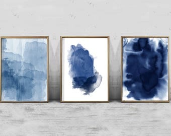 Set of 3 Abstract Watercolor Prints Indigo Blue Navy Wall art Prints Splatter Minimalist art Scandinavian Art Nordic Prints Boho Home Decor