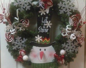 Let It Snow Wreath, Let It Snow Sign, Let It Snow Decor, Snowman Wreath, Snowman Wood Sign, Snow Man Wall Hanging, Winter Wreath