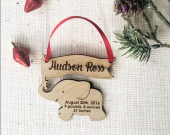 Personalized Elephant Ornament - Baby's First Christmas Ornament with Birth Details - Custom Wooden Laser Cut Holiday Ornament