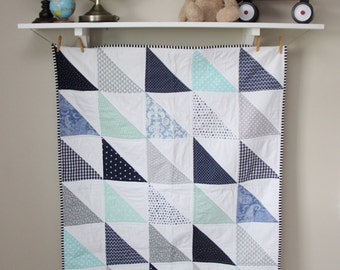 Modern Baby Quilt, Traditional Quilt in blues, mint, and grays.