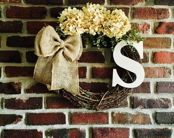 Fall Monogram Wreath-Fall Wreath-Monogram Wreath-Rustic Wreath-Front Door Wreath-Monogrammed Wreath-Everyday Wreath-Hydrangea Wreath