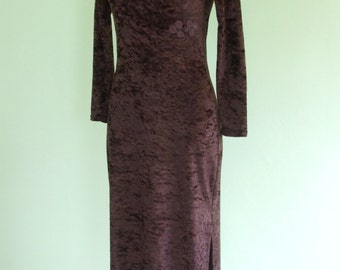 80s velvet dress / asian style / panne velvet / long / size XS-S / vintage / brown