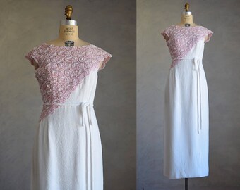 vintage 1960s lace gown | vintage 60s pink and white beaded lace maxi dress | two-tone vintage sheath dress | beaded vintage gown