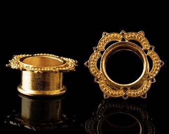 Lotus tunnels, gold plated flower plugs, tribal mandala ear tunnel indian gold gauges brass 6g 4g 2g 0g 00g 1/2" 9/16" 5/8" 11/16" 3/4" Inch