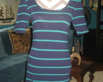 Navy Blue/Turquoise Striped Figure-Hugging Stretch Mini Dress