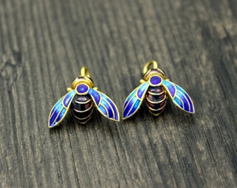 2 Sterling Silver Bee charms pendants with blue green enamel, Chinese Cloisonne, Bumble bee, Honey bee, Queen Bee Charm