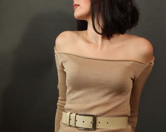 Off shoulder sweater Long sleeve sweater Cotton knit sweater Summer sweater Fit sweater Beige sweater Sexy top sweater Spring pullover