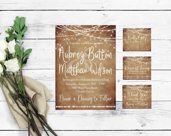 Rustic Wedding Invitation Template- Instant Download Invitation- Printable Wedding Invitation Kits- Rustic Wedding Suite- String Lights