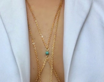 Body chain with turquoise,gold chain with turquoise,something blue,blue details body chain,genuine turquoise beads,blue beads gold chain