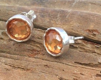 Zircon Stud Earrings, Round zircon earrings, Orange Zircon earrings, Post zircon Earrings, Orange Gemstone Earrings, Silver zircon earrings,