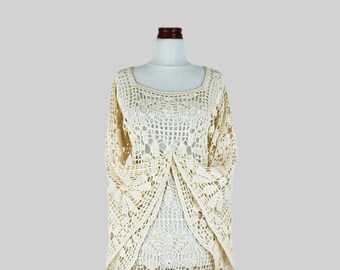 Hippie Angel Crochet Dress, Shiny White Ecru Crochet Dress, Wide Sleeve Boho Crochet Dress, Summer Dress, Bell Sleeve Dress, Unique Handmade