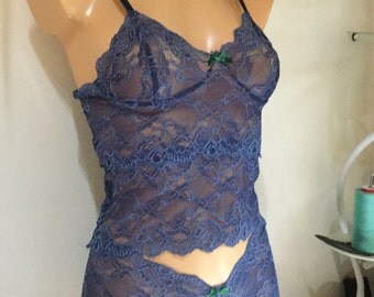SALE lace bralette and French knicker set 32/34 a,b in steel grey blue