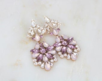 Rose gold earrings, Chandelier earrings, Bridal jewelry, Statement earrings, Blush crystal earrings, Swarovski earrings, Wedding earrings