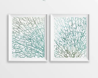 Sea Fan Coral Print, Ocean Seafan Art, Nautical Art Print, Printable Coastal, Set of 2 Sealife, Turquoise Coral Art, Large Wall Art, DIY