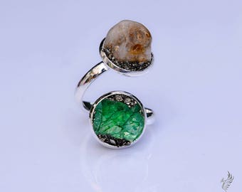 Raw Emerald Ring - Bohemian Ring - Raw Emerald Jewelry - May Birthstone Jewelry - Raw Citrine Ring - November Birthstone Ring Gift for Wife