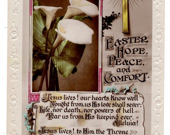 Vintage Real Photo Postcard, EASTER,CROSS,Peace LILLIES,Hope,Peace,Comfort,Rotary,c1910s