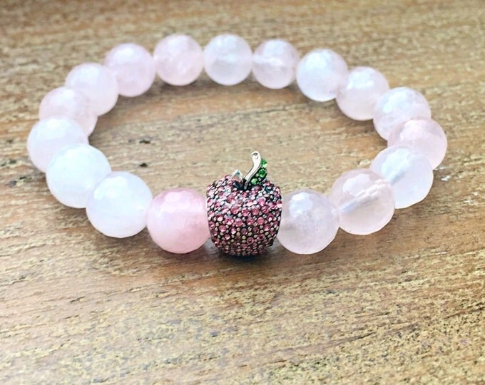 Enchanting apple natural rose quartz 10mm beaded stretch bracelet jewelry, crystal apple bead charm.