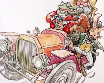 Wind in the Willow Original Watercolor painting ‘Toad road’,car watercolour,Toad,Rabbit,Rat,Mole,animal watercolour