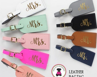 SET OF 2 Leather Luggage Tags - Mr. / Mrs. - Free Ship