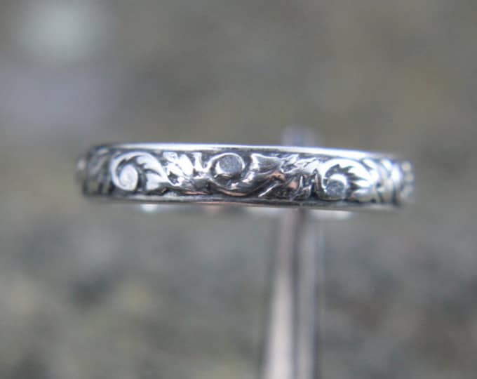Sterling Silver Art Nouveau Stacking Ring, Embossed Vine Pattern Design, Simple Thin Band, Gift for Him or Her, Mens or Ladies Jewelry
