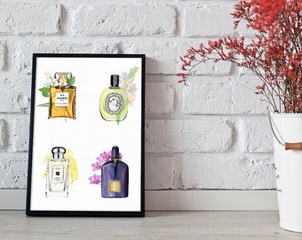 perfume illustration, Chanel wall art, perfume bottle print - 3 sizes available Giclee print