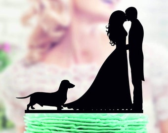 Wedding cake topper with dog dachshund, Couple with Dog Cake Topper, silhouette cake topper for wedding, dog cake topper, funny cake topper