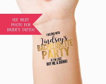 Bachelorette party tattoos personalized with the brides name - hen party hen do - bride tribe team bride gold temporary tattoos