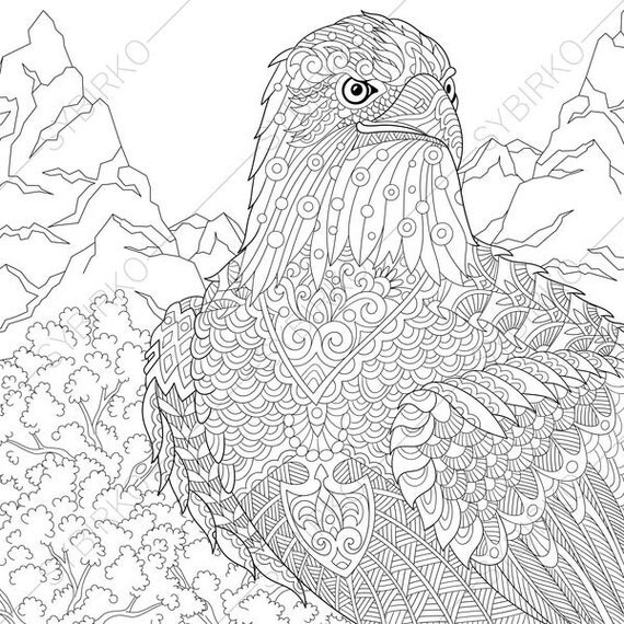 Adult Coloring Pages Eagle Zentangle Doodle Adults Digital Illustration Instant