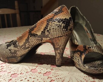 Faux snake skin shoes ,open toe pumps ,by bandolino(U)