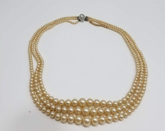 Classic Triple Strand Glass Pearl Necklace with Silver Tone Rhinestone Clasp