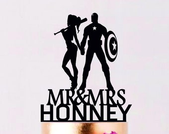 Captain America and Harley Quinn Cake Topper, Superhero Wedding Cake Topper, Superhero Silhouette, Cake Topper, Cake Topper With Last Name