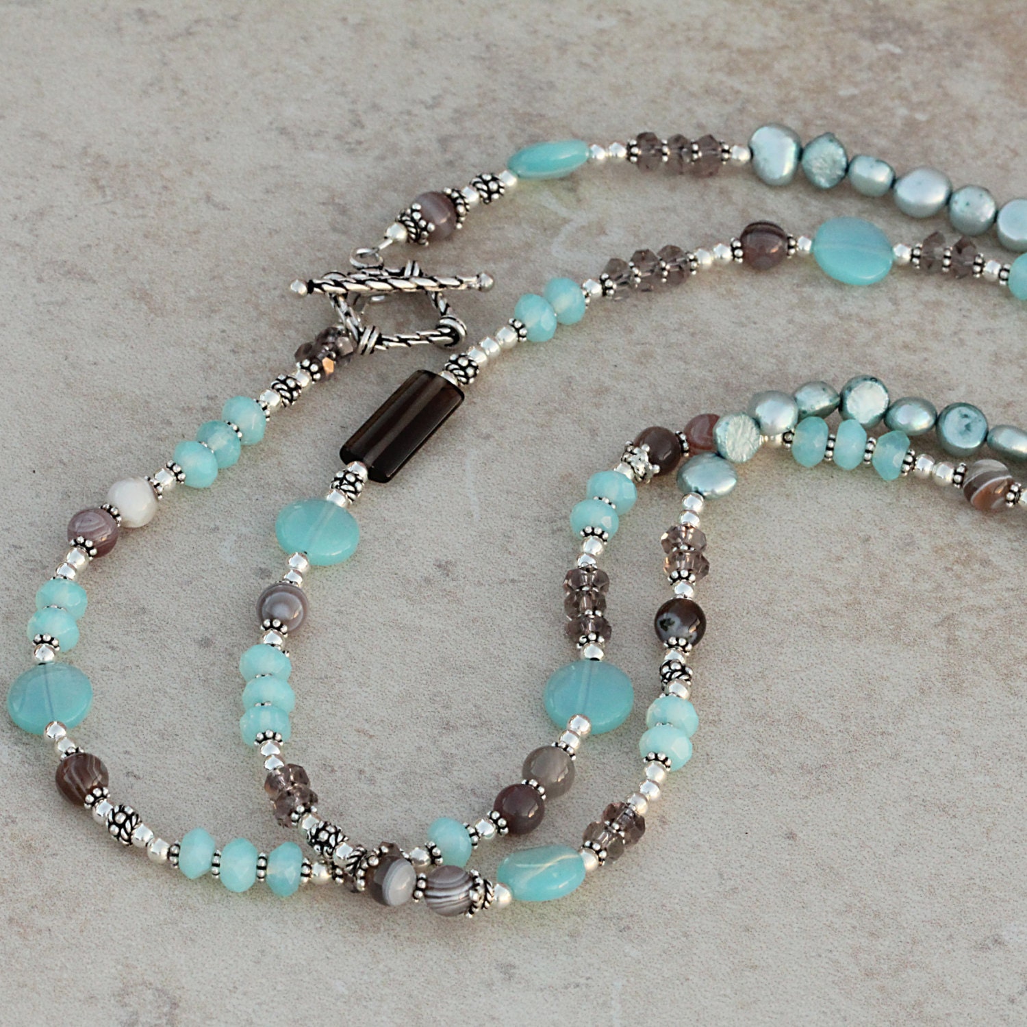 Long Double Strand Layered Gemstone Beaded Necklace Sea Opal