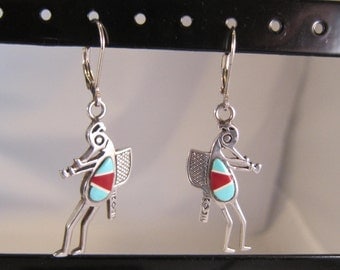 Native American - Zuni - Southwestern Sterling Silver and Multi Stone Inlay Figural Dangle Earrings 0896