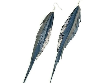 Leather Feather Earrings in grays and silvers.