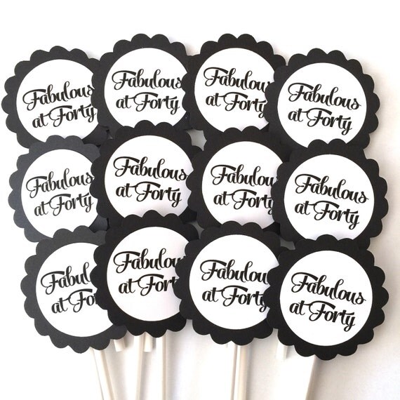 Fabulous at 40 Birthday Cupcake Toppers, Black and White or Choice of Colors, Set of 12 Il_570xn