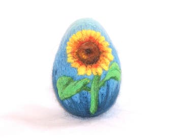 Easter Egg, Needle Felted Easter Egg - Blue Needlefelt Egg - Sunflower -Yellow - Felt Flowers - Easter Decor - Easter Gift