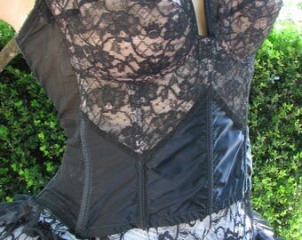 1950's Vintage Lady Marlene Black Satin Illusion Lace Strapless Bullet Bra~36 C