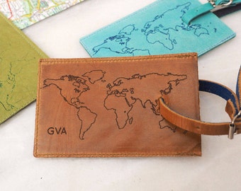 Leather luggage tag with a world map personalized, monogrammed luggage tag, Leather gift, travel gift, personalised luggage tag, mens gift