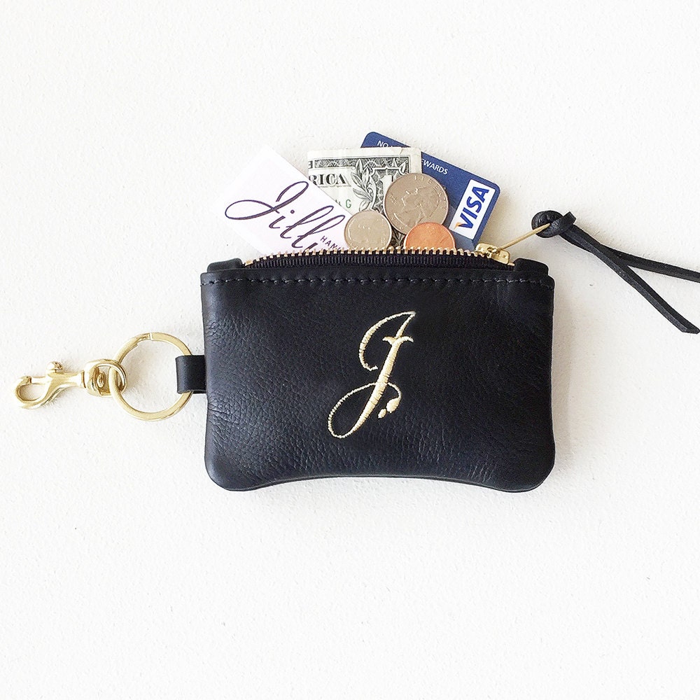 Personalized Keychain Wallet Black Leather Monogram Coin