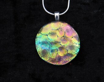 Pink Gold Green Dichroic Glass Pendant - Dichroic Fused Glass Necklace - Round Dichroic Fused Glass Jewelry - Fused Glass Necklace