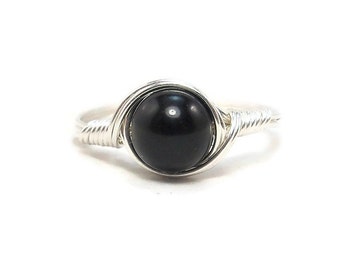 Black Obsidian Ring Argentium Sterling Silver Wire Wrapped Ring Custom Sized For You