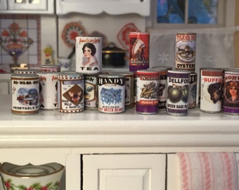 Miniature Food Cans, Set of 24, Larder Tins, Dollhouse Miniature, 1:12 Scale, Dollhouse Food, Pantry Cupboard Cans, Miniature Food Cans