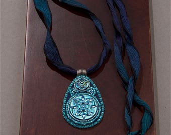 Bead Embroidered Necklace - Bead Embroidered Pendant - Bead Embroidery Necklace - Bead Embroidery Pendant - Bead Embroidery Blue